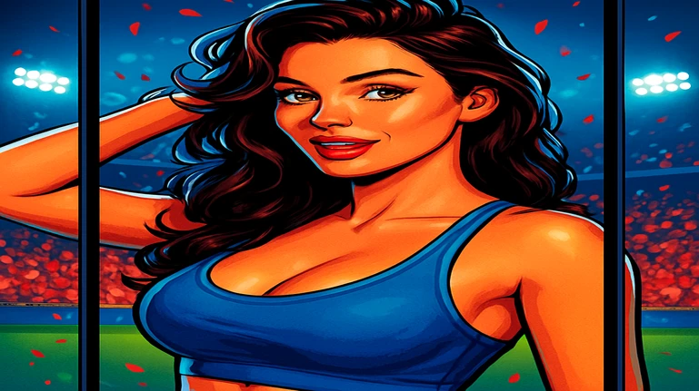 একটি স্টাইলিশ ট্যাটু করা নারী স্পোর্টস ভক্ত ভিড়ভরা স্টেডিয়ামে উল্লাস করছেন; তাঁর ছবি একটি স্মার্টফোনে ফ্রেম করা অবস্থায়, xbaj অ্যাপের মাধ্যমে খেলার বাস্তব মুহূর্তে থাকার immersive অনুভূতি তুলে ধরে।