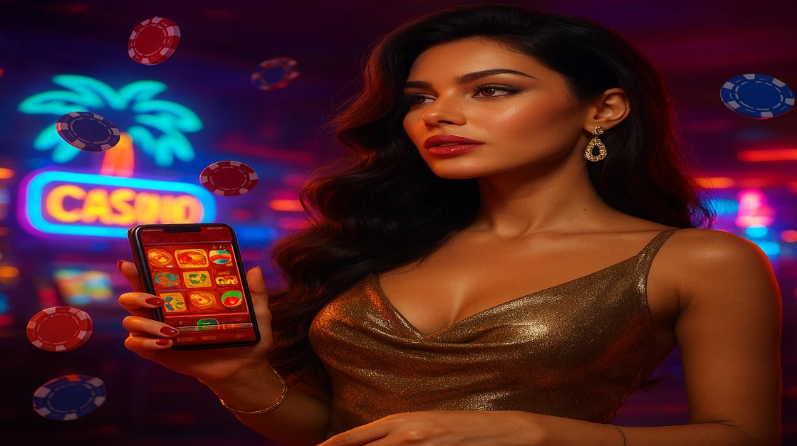 একটি দৃষ্টিনন্দন নারী ট্রপিক্যাল গেমিং প্ল্যাটফর্ম-সেটে xbaj অ্যাপসহ একটি স্মার্টফোন ধরে আছেন; চারপাশে সোনালি-রঙা বিটকয়েন-স্টাইল কয়েন পড়ে, যা আধুনিক ও রোমাঞ্চকর এই গেমিং প্ল্যাটফর্মকে উজ্জ্বল করে।